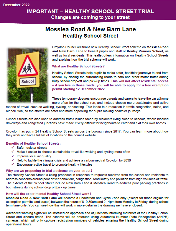 Leaflet explaining healthy school street in Kenley