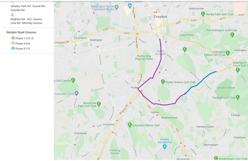 Diversions for Selsdon Road closure - either via Brighton Road or Addington Road/Coombe Road