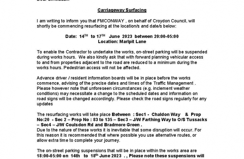 details of Marlpit Lane  closures