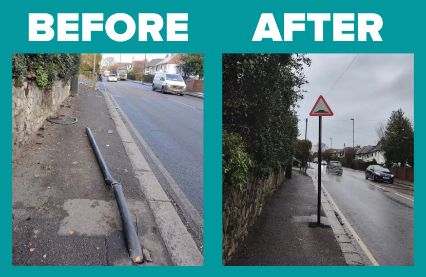 Before and after: A broken street sign having been fixed.