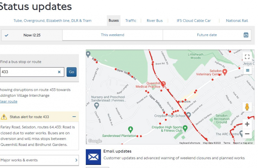 TFL website image of 433 bus route status