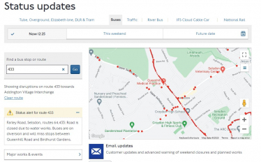 TFL website image of 433 bus route status